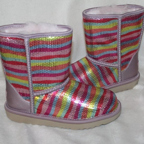NIB UGG GIRL'S YOUTH SEQUIN RAINBOW CLASSIC SHORT SHEARLING LINED BOOTS - Picture 7 of 9
